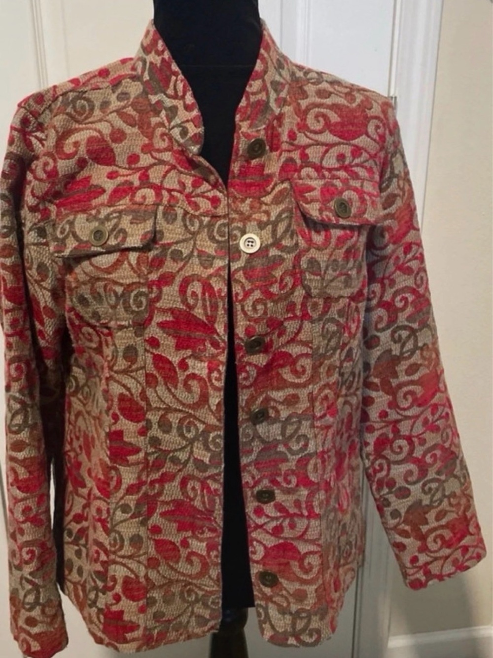 Christopher & Banks Woven Floral Jean Jacket in Red and Brown